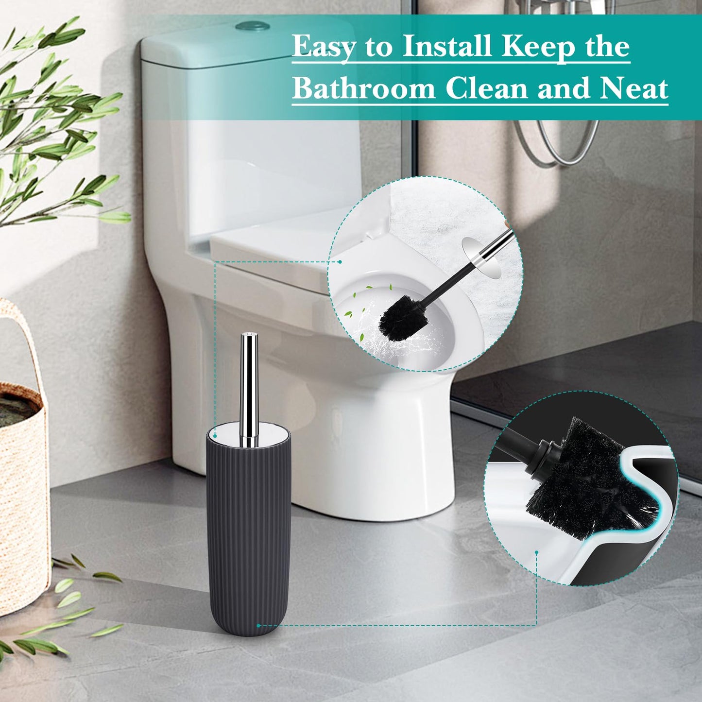 Boperzi Bathroom Accessories Set Complete: 8pc Bathroom Accessory Set with Trash Can 2pc for Floor/Counter, Toilet Brush, Soap Dispenser, Toothbrush Holder, Adhesive Hook, Grey Modern Bathroom Set