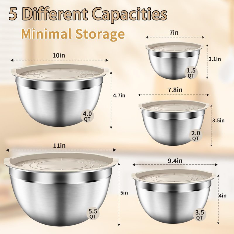 ZEENSUY Mixing Bowls with Airtight Lids Set, 5 PCS Stainless Steel Khaki Nesting Bowls for Kitchen, Large Prep Metal Mixing Bowls for Kitchen, 5.5/4/3.5/2/1.5 QT for Mixing & Serving