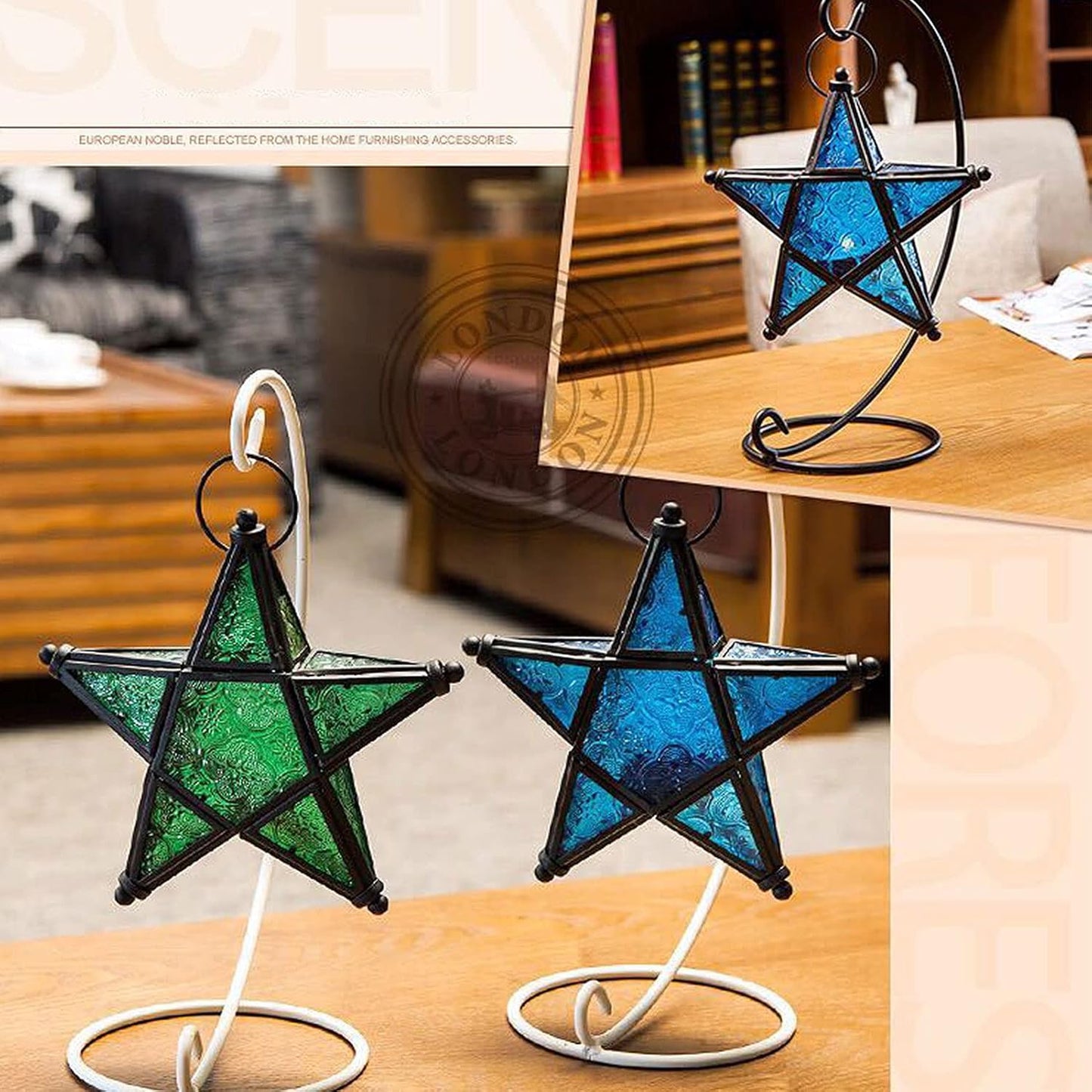 Purple Star Lantern Candle Holder - Decorative Hanging Glass Lantern for Home & Garden