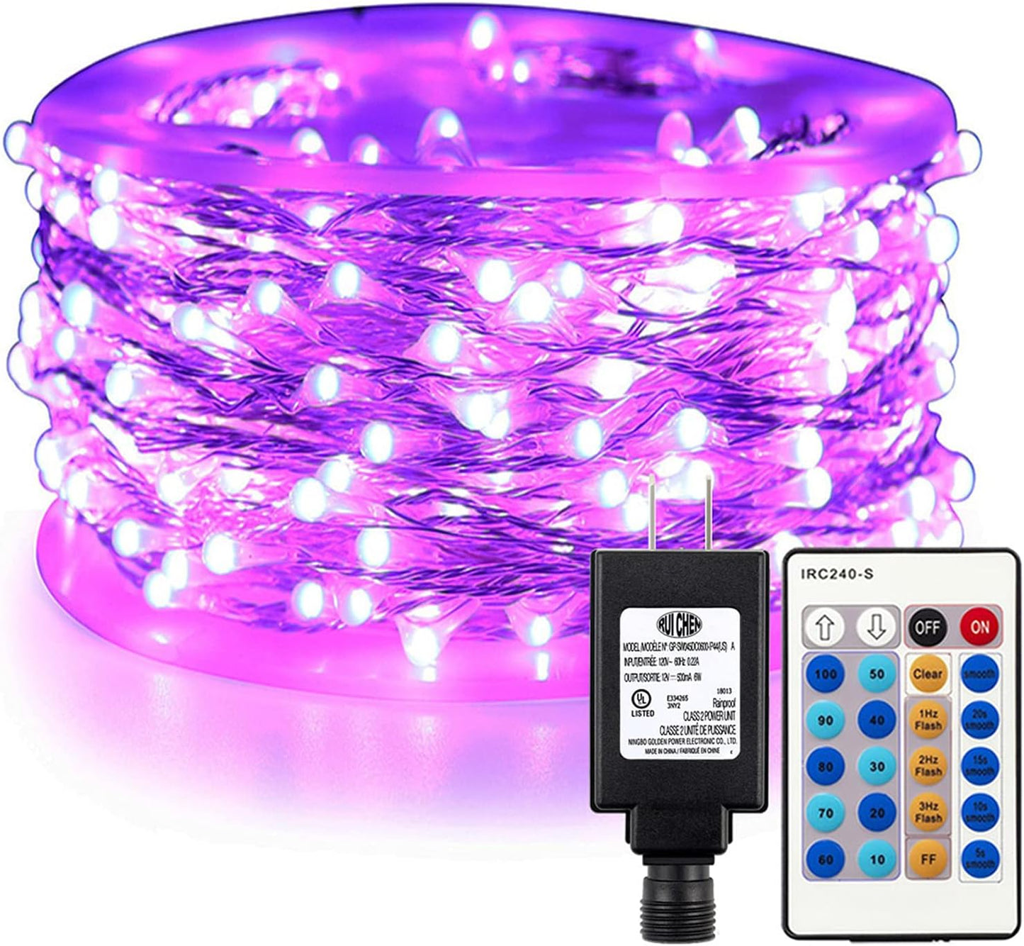 300 LED Dimmable Purple Fairy Lights - 99 Ft Waterproof Silver Wire String Lights with Remote for Christmas, Halloween, Party & Garden