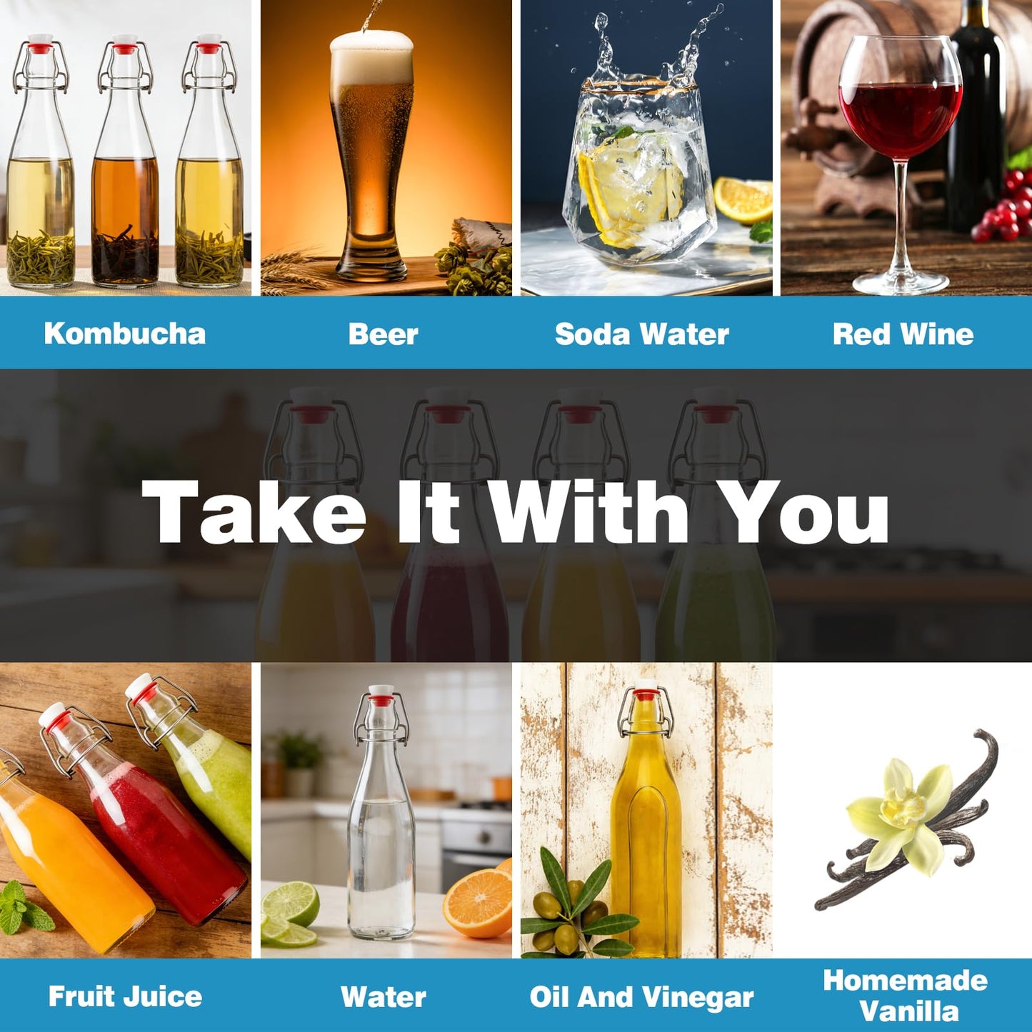 FrutPunch 16OZ Swing Top Glass Bottles, 2 Pack Flip Top Glass Bottle with Airtight Lid for Fermentation, Kombucha, Mead, Coquito, Vinegar, Beer, Kefir, Wine, Soda, Juice for Home Brewing
