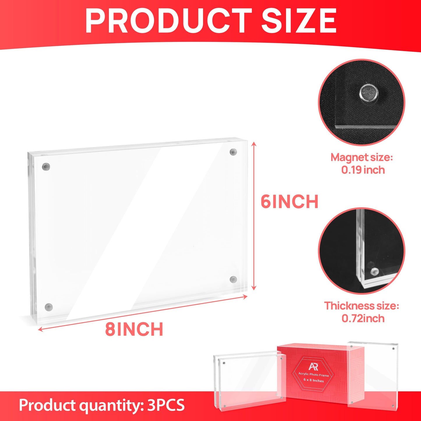 A & R 3 Packs 6 x 8 Acrylic Frames, Magnetic Picture Frame, Double Sided Self Standing Clear Photo Frame 10 + 10 MM Thick Clear Acrylic Wall Mount