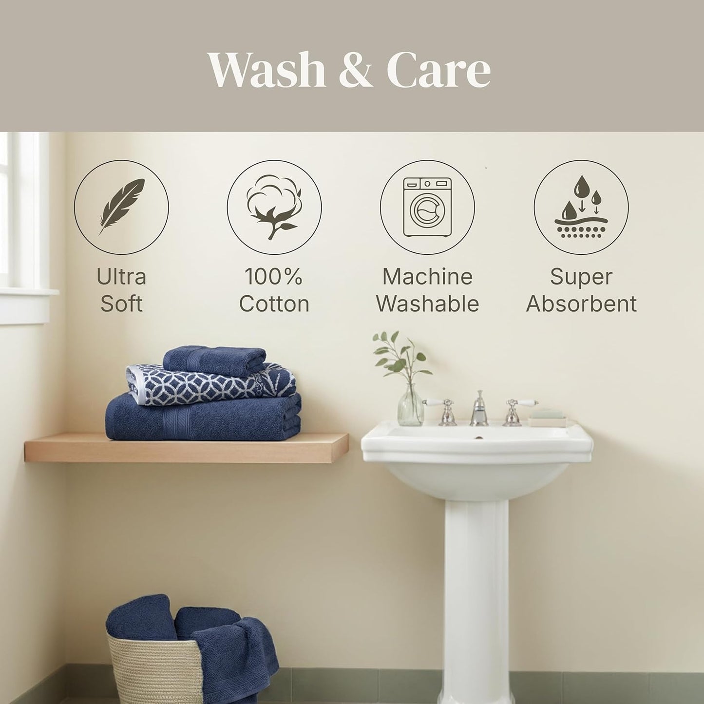 Modern Threads 100% Cotton Towel Set | 6-Piece Reversible Yarn Dyed Jacquard - Soft, Absorbent & Quick Dry - Navy
