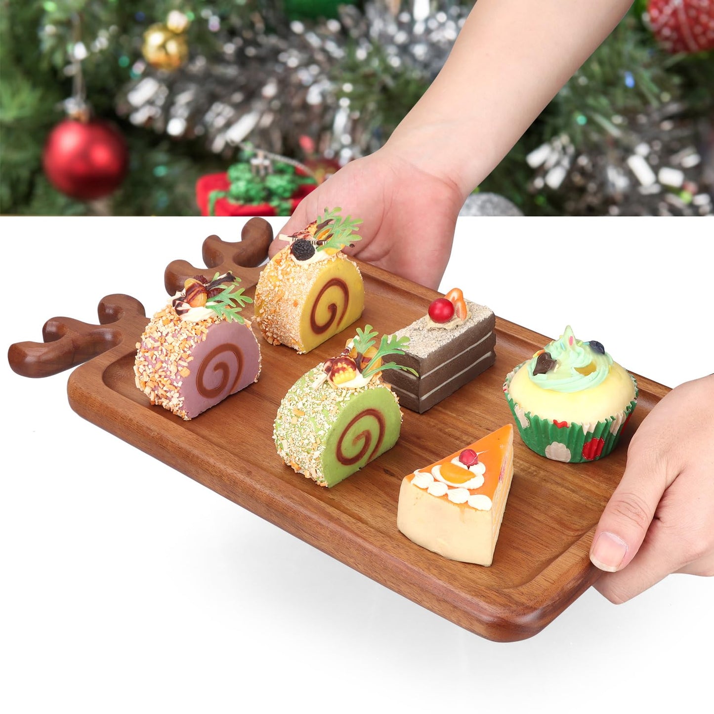 Decor Christmas Appetizer Platter for Xmas Charcuterie Board Wood Tray Kitchen Xmas Decoration Wooden Cheese Board Serving Dish Dessert Plate Reindeer Cookie Platters Gift