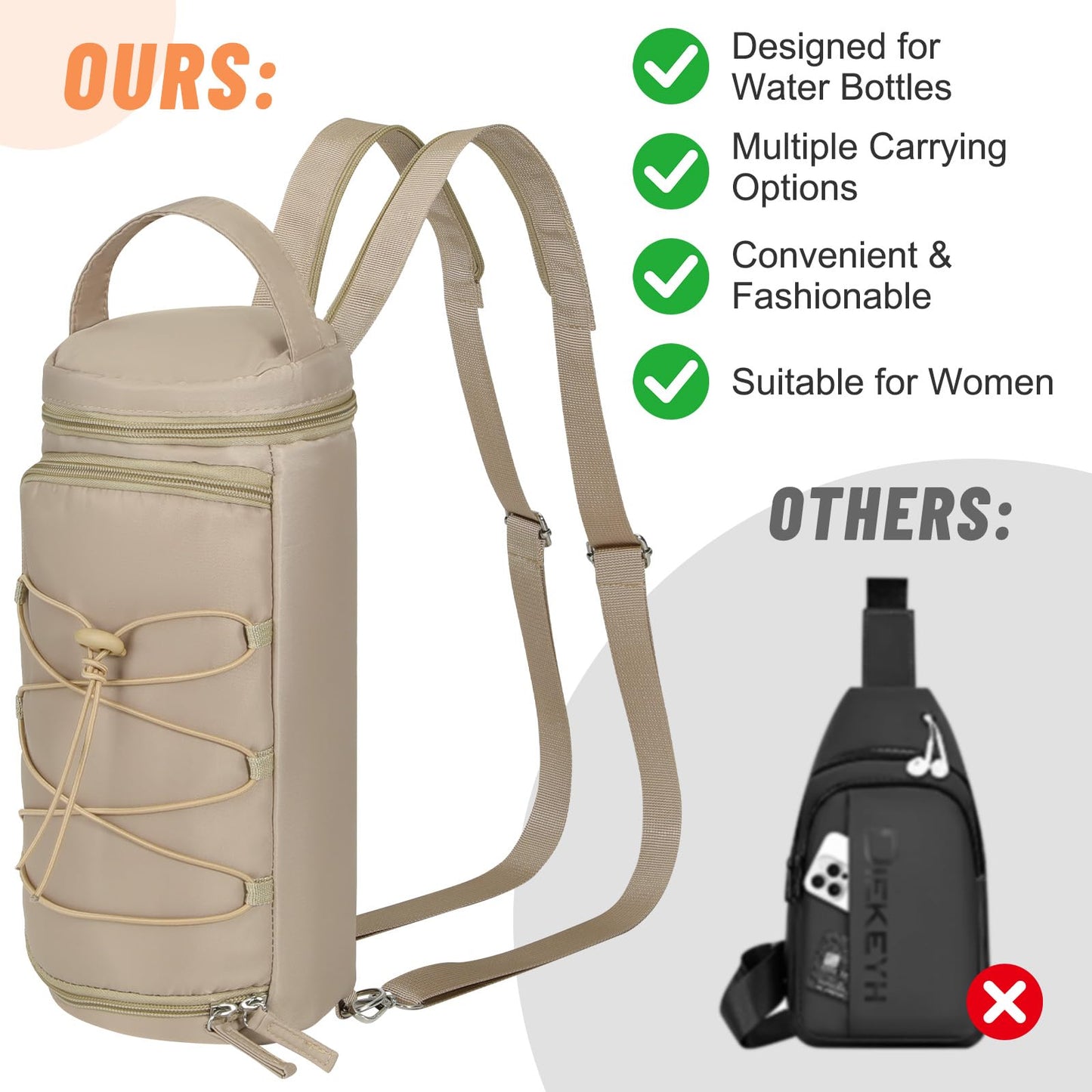 Nuovoware Small Sling Backpack, Sling Bag 25oz/32oz/40oz/50oz Water Bottle Carrier with Zippered Cap, 2 Pockets, Adjustable Shoulder Strap Carrier for Walking Traveling, Camel
