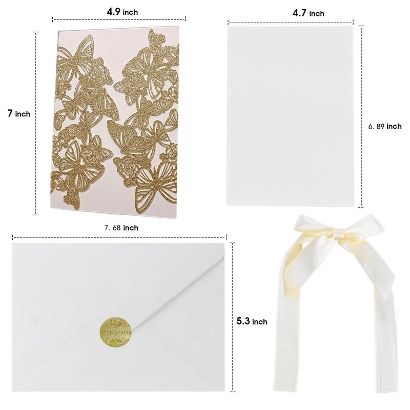 Cylallen 50Sets Romantic Premium Purple Butterfly Laser Cut Fold Wedding Invitation Card With Blank Inner Paper Ribbon And Envelope Sweet 15 Invites (Gold, Only Laser Card)