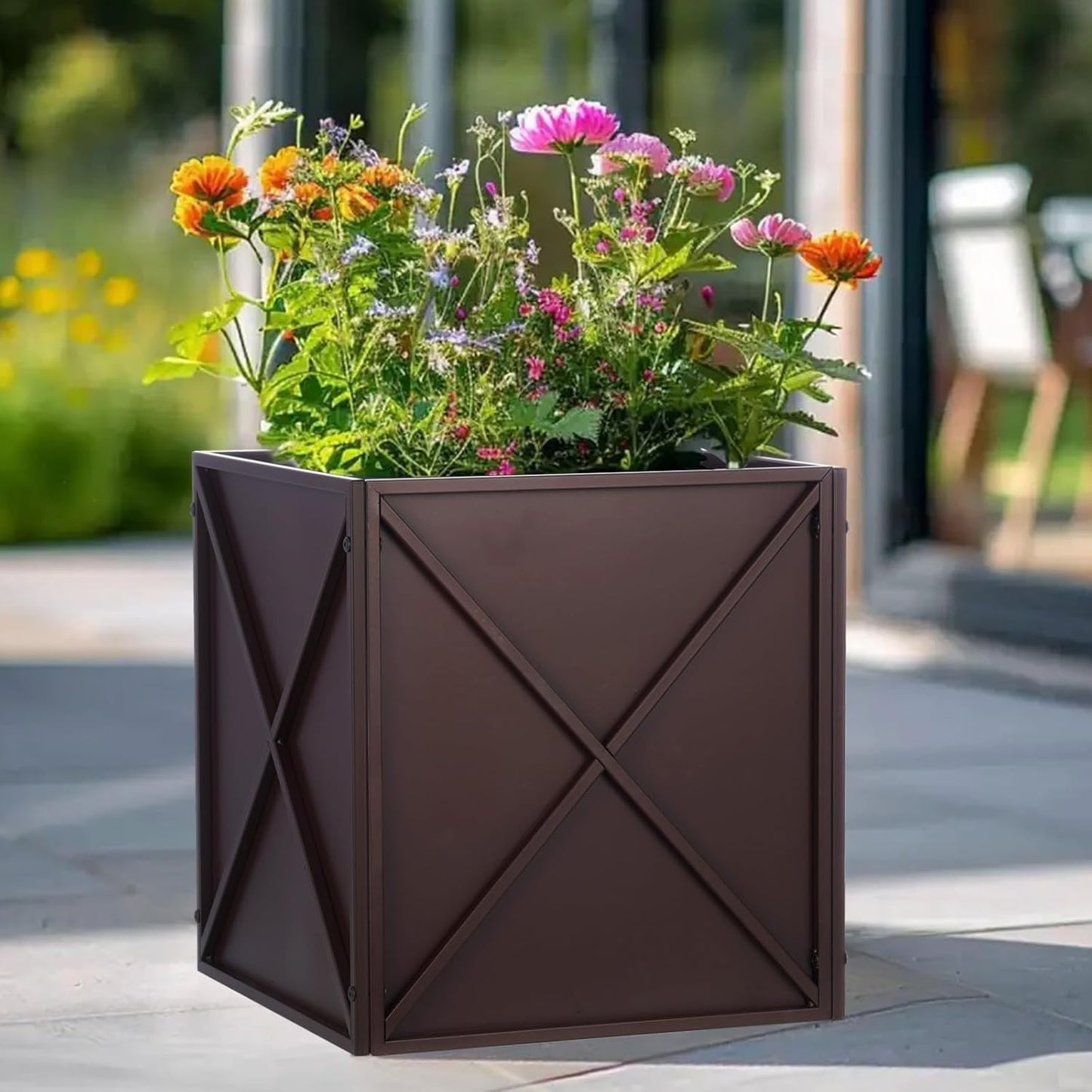 SUNNYPARK Large Metal Planter Box - 17”x 17”x 18” | Durable Brown Square Planter with Drainage Holes for Outdoor Use