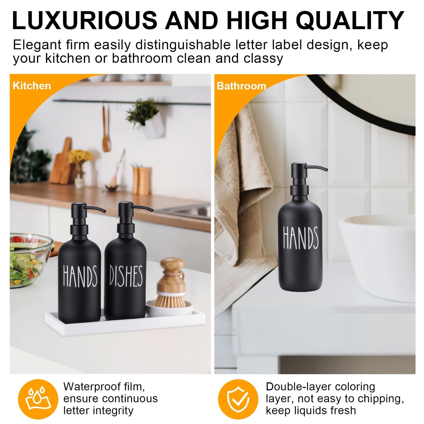 Glass Soap Dispenser for Kitchen Sink,Farmhouse Kitchen Dish Soap Dispenser&Hand Soap Dispenser Set,Rustproof Pump Soap Dispenser Set with Tray and Dish Brush,Kitchen Decor(Black)