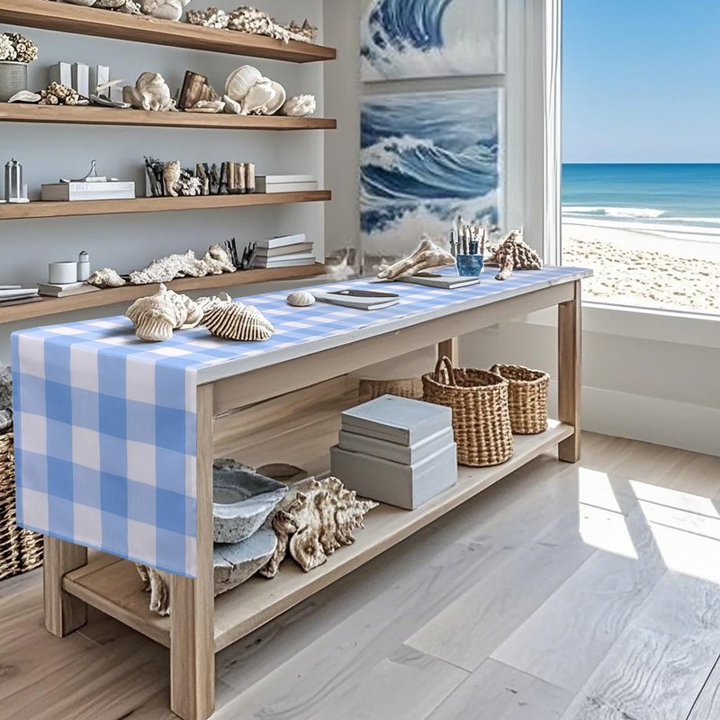 tiosggd Gingham Table Runner Light Blue and White, Spring Buffalo Plaid Check Table Cloth 72 Inches Long Table Decor, Summer Party Suppliers for Rustic Farmhouse Birthday Wedding Baby Shower Party