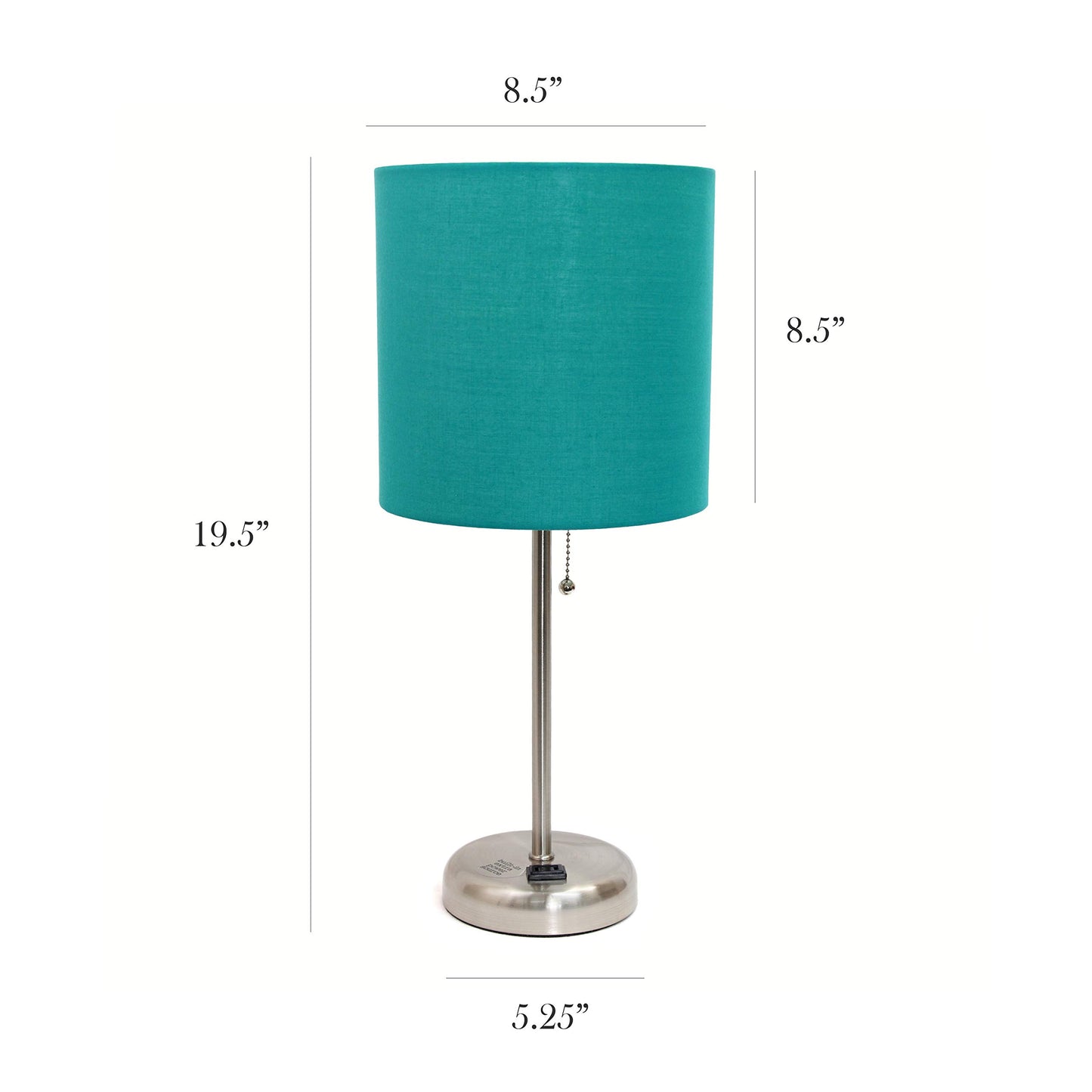 Simple Designs LC2001-TEL-2PK Brushed Steel Stick Table Lamp Set with Charging Outlet and Teal Fabric Shades, 2 Pack Set
