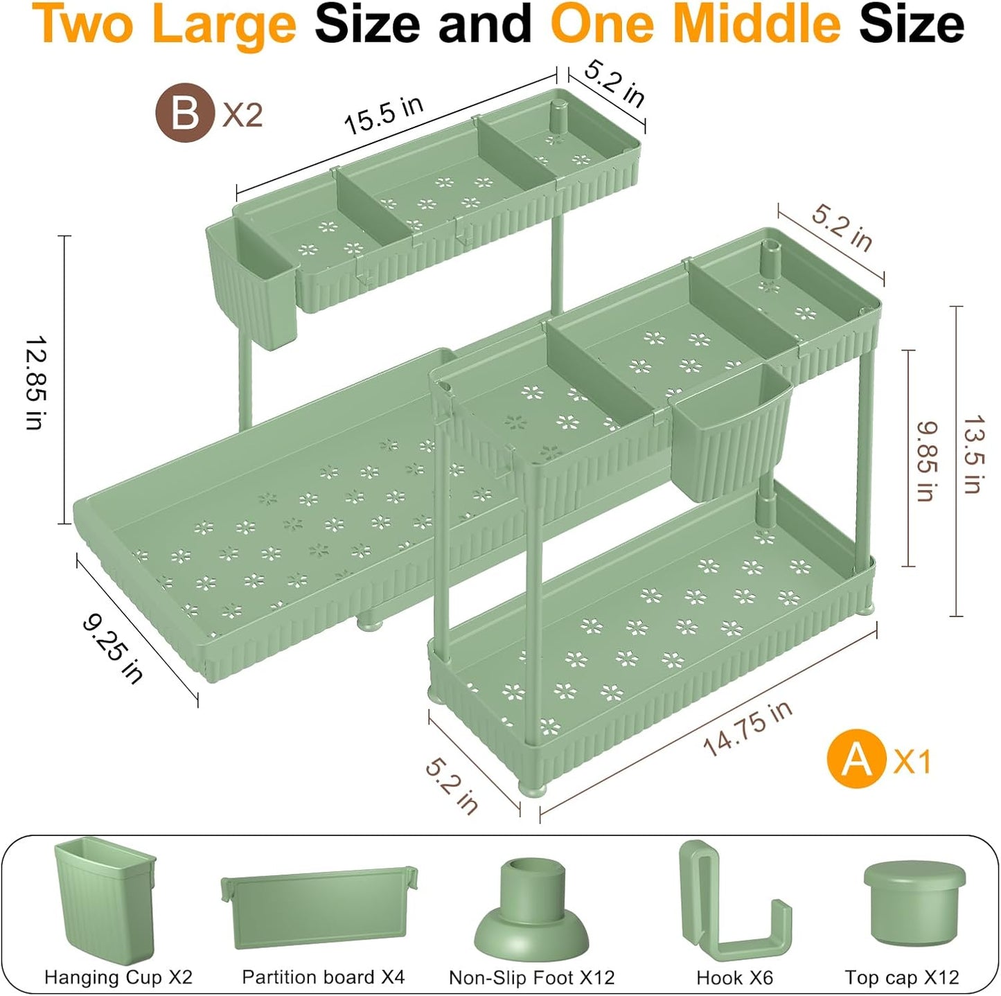Sevenblue Multi-Purpose Under Sink Organizers - L-Shaped Pull-Out Cabinet Storage for Bathroom & Kitchen | Green, 12.85 Inch