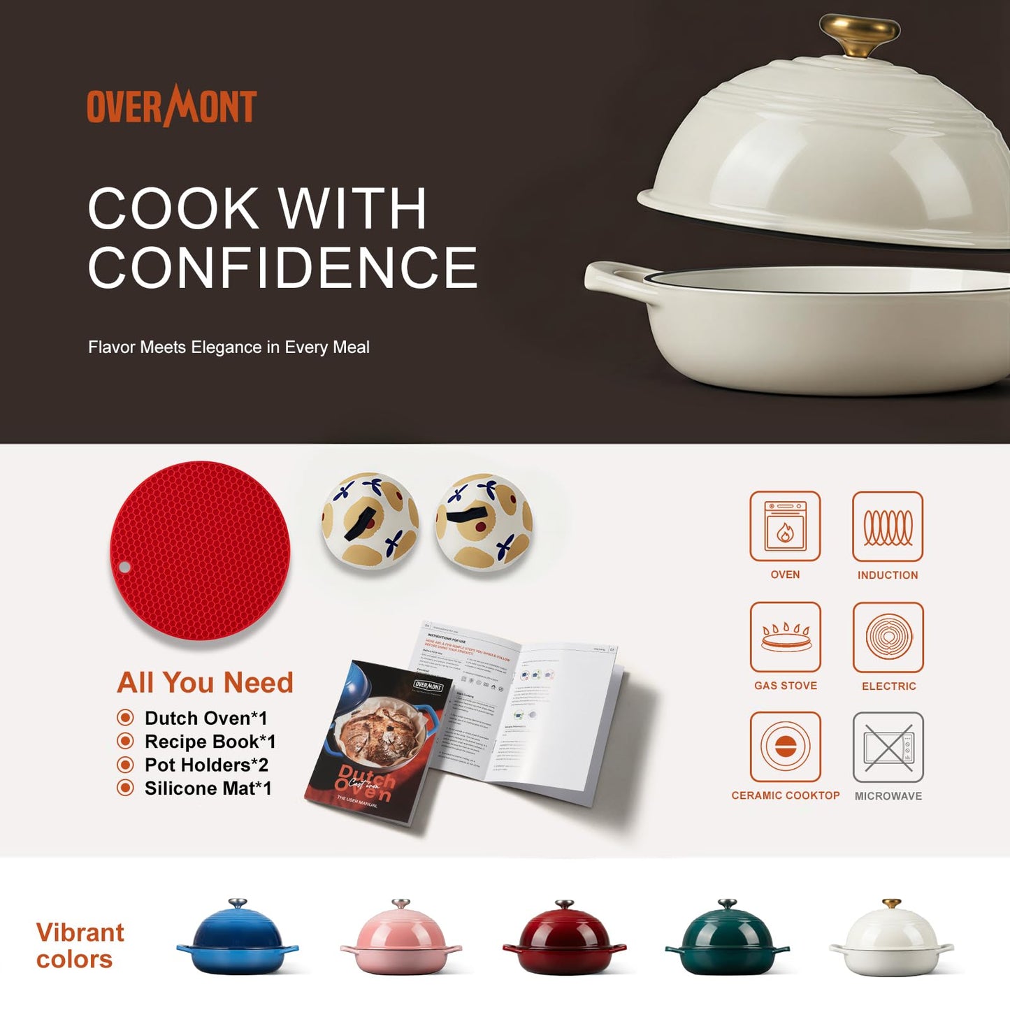 Overmont Enameled Cast Iron Bread Oven - 6QT Bread Dutch Oven for Sourdough Baking - Bread Pot with Dome Lid Cotton Potholders & Cookbook - Multi-Functional Bread Pan For Baking Frying Roasting