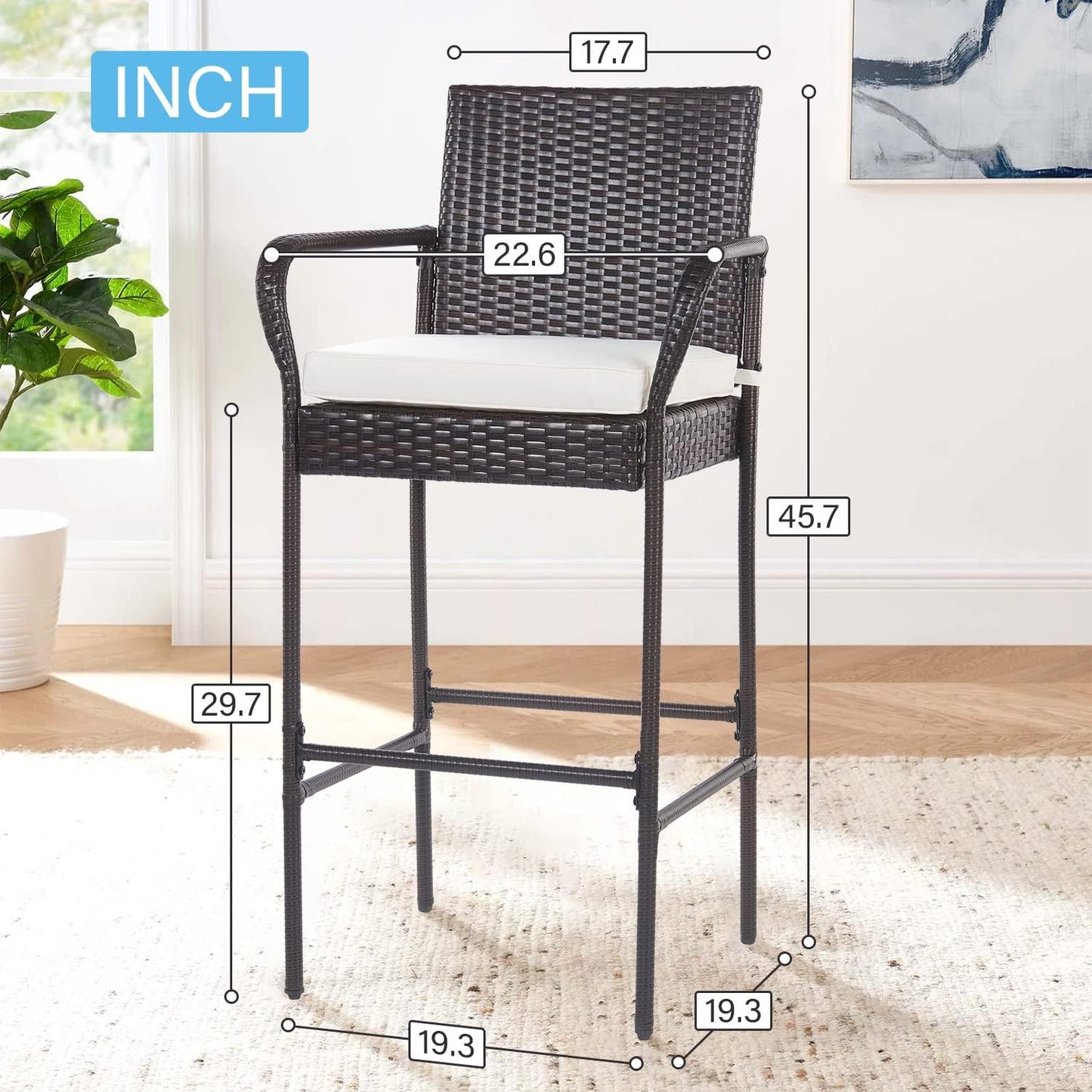 PayLessHere Patio Bar Stools Set of 2 - All-Weather Wicker Rattan Chairs with Footrest & Khaki Cushions