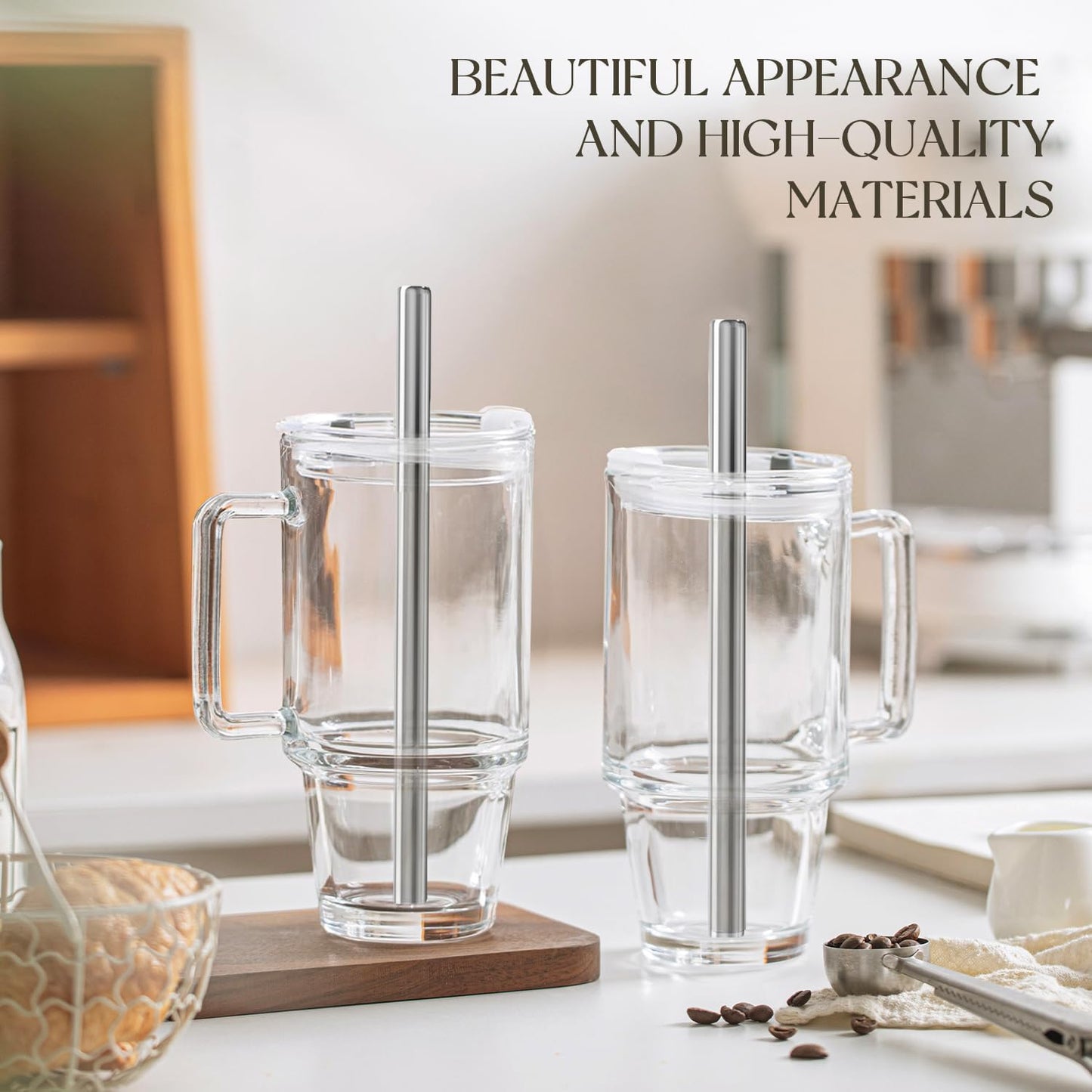 KEMORELA 24oz Clear Glass Tumbler with Handle, Lid & 13mm Stainless Steel Straws,2 set–Wide-Mouth Reusable Glass Cups for Cold & Hot Drinks, Ideal for Boba,Smoothies, Iced Coffee & Juice, Travel Cup