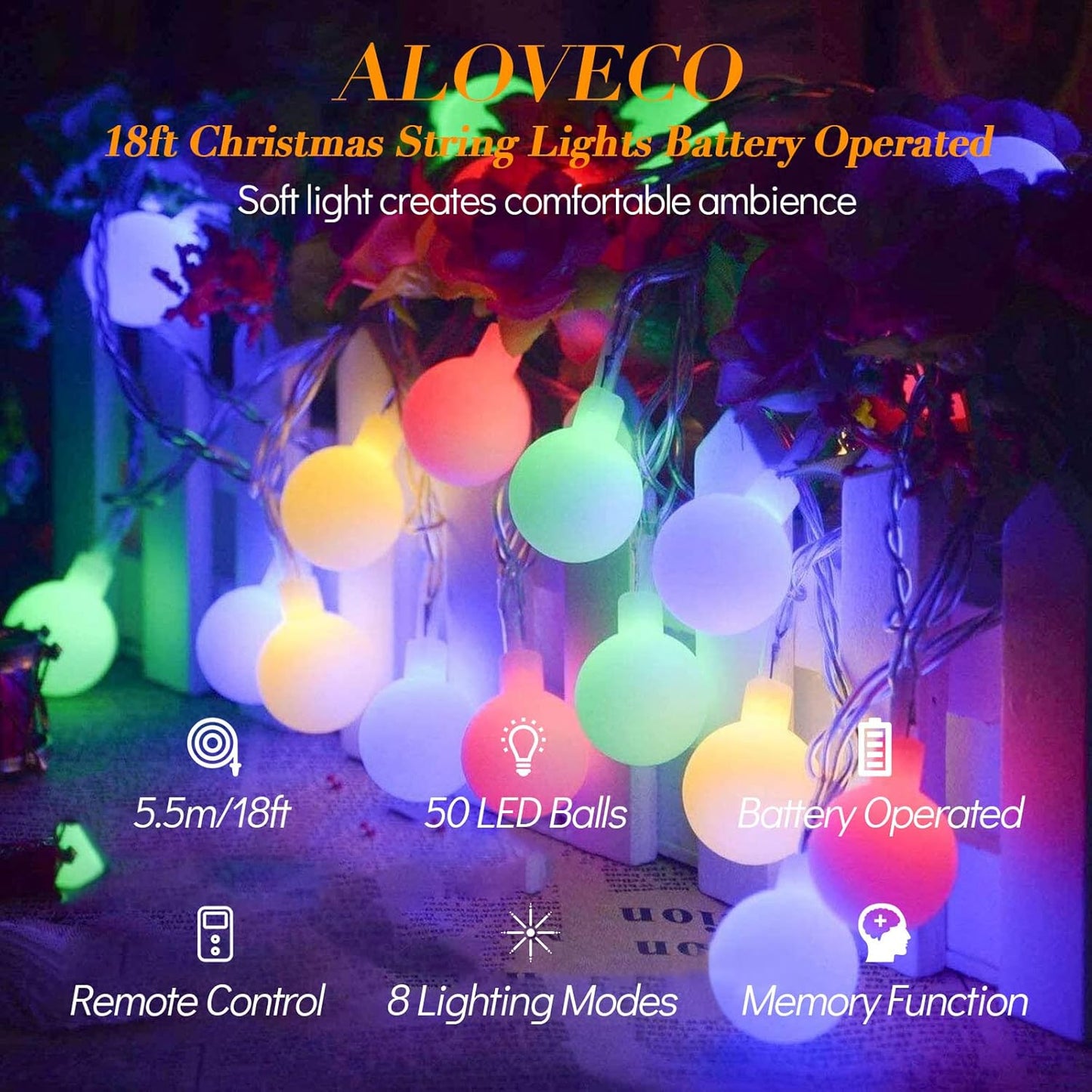 ALOVECO 18ft LED String Lights - 50 Waterproof Globe Fairy Lights with Remote & 8 Modes for Indoor/Outdoor Decor