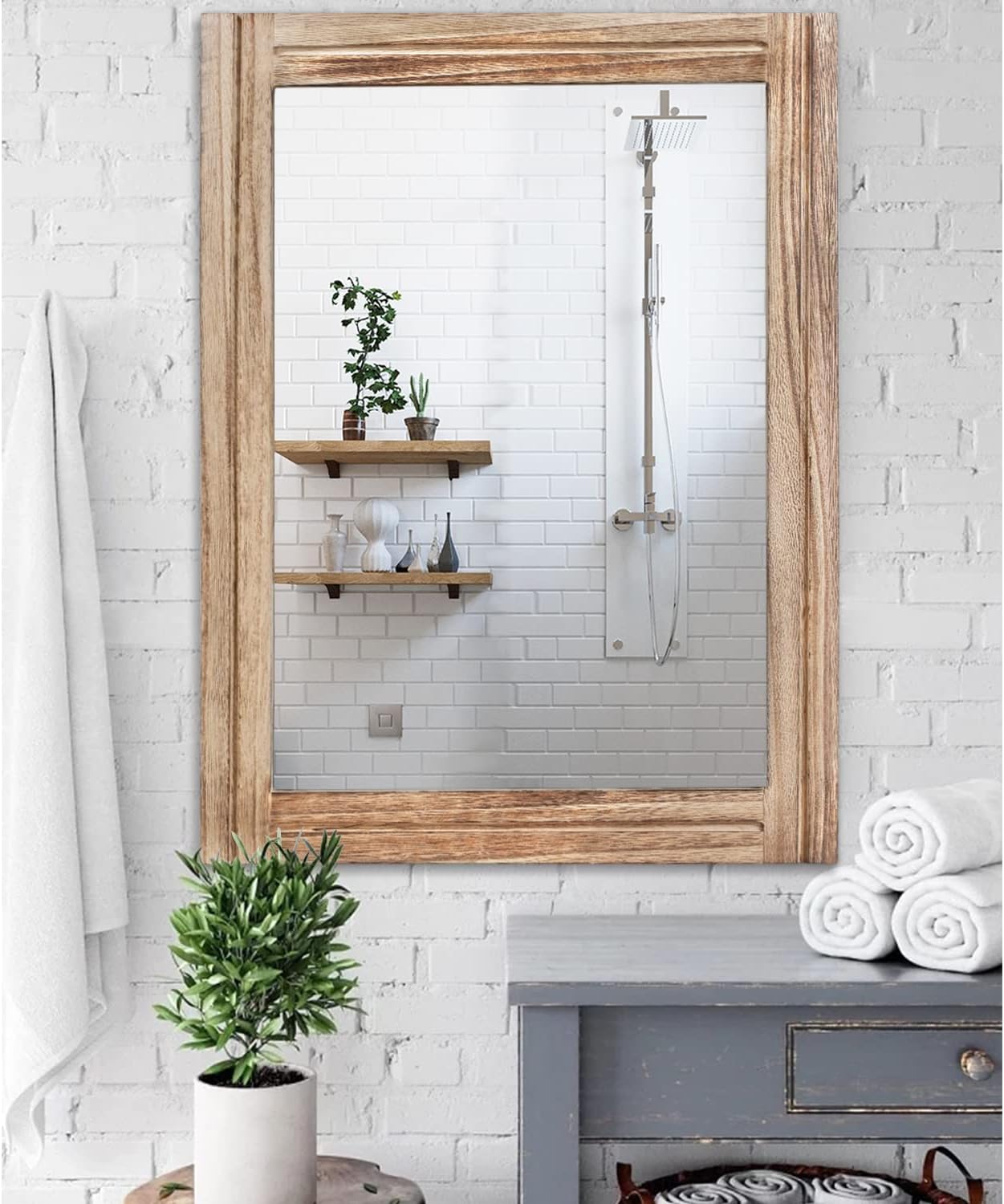 AAZZKANG Rustic Mirror for Wall with Rectangle Wood Framed Decorative Hanging Mirrorrs Large 28"x20"for Bedroom Bathroom Living Room Dressing Room