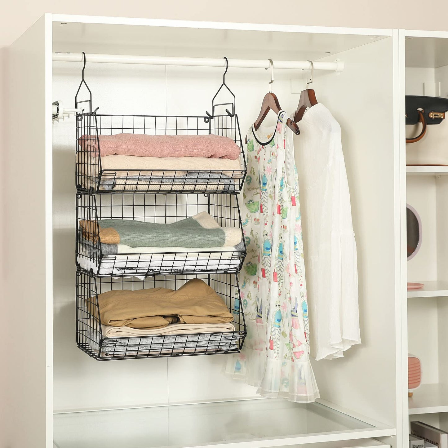 Jautokerdar 3 Tier Closet Hanging Shelves with Divider, Extra Large Closet Organizers and Storage, Clothes Hanging Organizer Clothing Sweaters Handbags Clutches Accessories