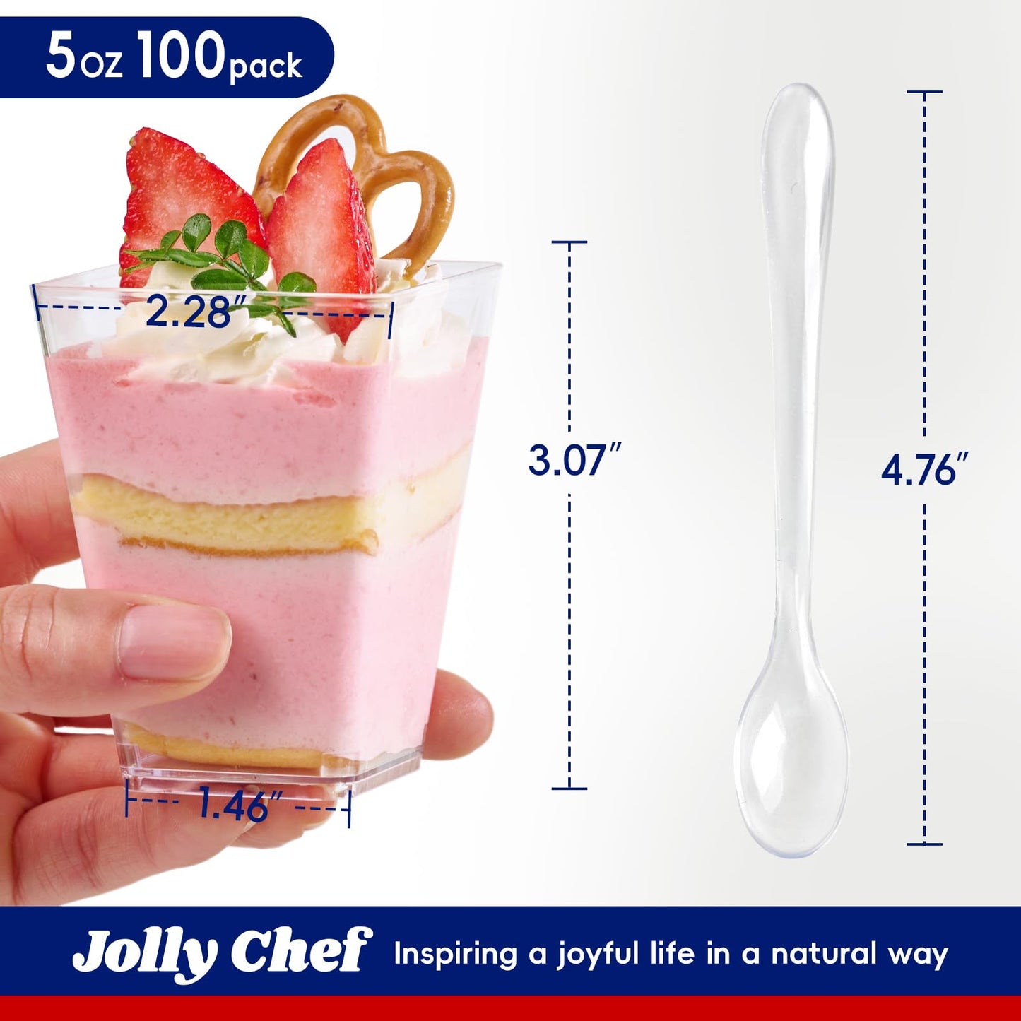 JOLLY CHEF 100 Pack 5 oz Plastic Dessert Cups with Lids and Spoons, Clear Appetizer Cups for Parties, Disposable Square Dessert Shooter for Pudding Fruit Ice Cream