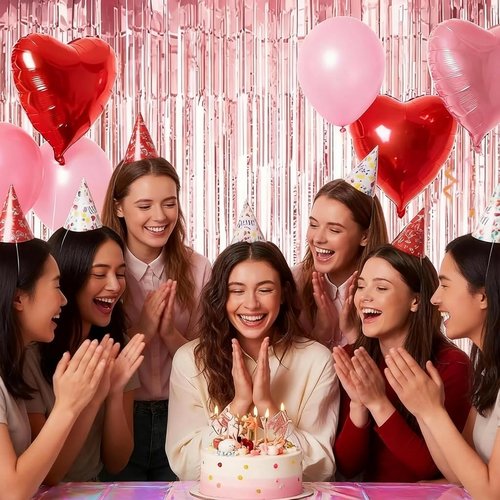 Auihiay Galentines Day Decorations Kit - 130pcs+ Pink Foil Fringe Curtains, Table Cloth, Pink Letter & Heart Balloons, Lips Balloons, Heart Banner Decor for Girls Galentines Day Birthday Party