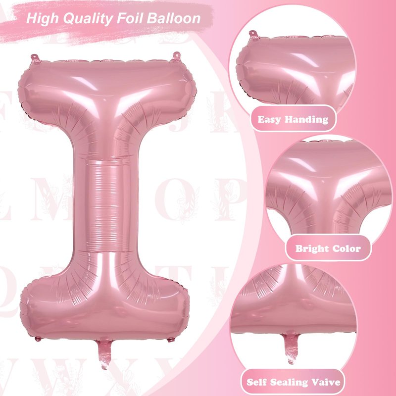 Pastel Pink I Letter Balloon, 40" Alphabet Foil Light Pink, Large Self Inflating for Girls Birthday Party Baby Shower Decoration