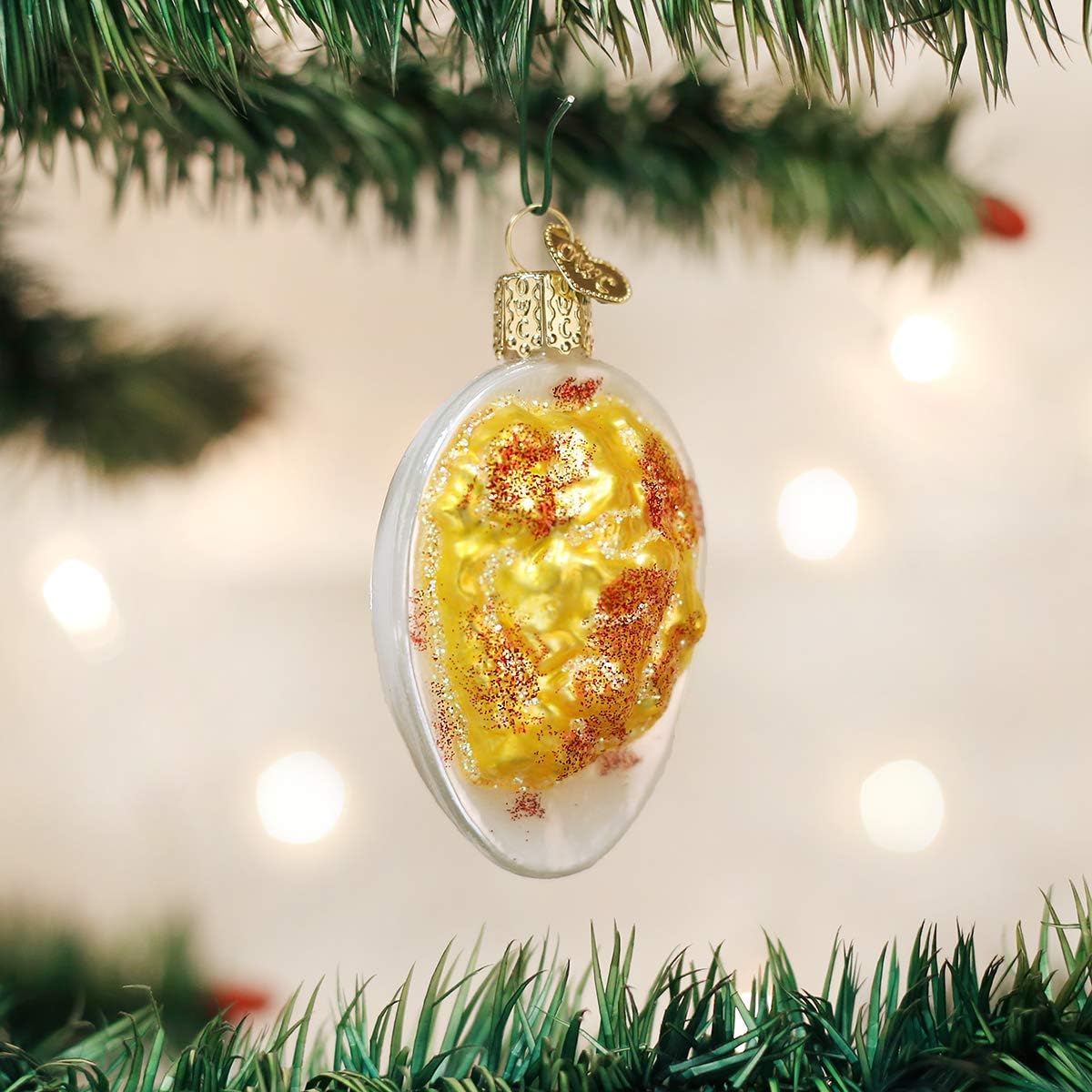Deviled Egg Glass Blown Ornament - Old World Christmas Food Decor, 2.75 x 2.25