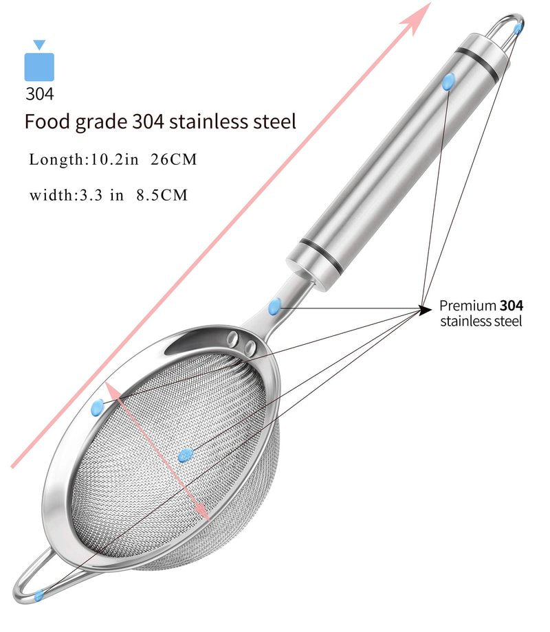 SUNWUKIN 304 Stainless Steel Fine Mesh Strainers for Kitchen, Colander-Skimmer with Handle, Sieve Sifters for Food, Tea, Rice, Oil, Noodles, Fruits, Vegetable