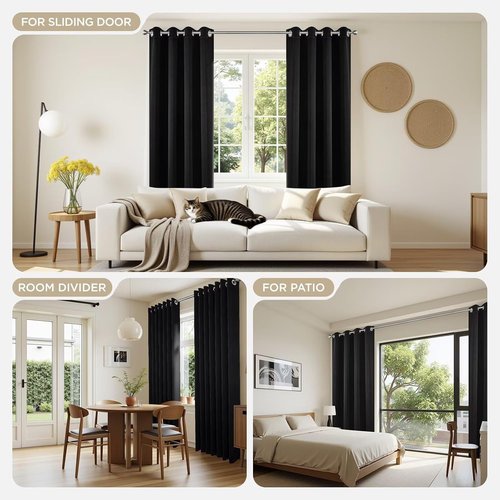 Joydeco Blackout Curtains - 84 Inch Long Black Drapes with Grommets | Noise-Reducing & Energy-Saving Thermal Insulation, 2 Panels