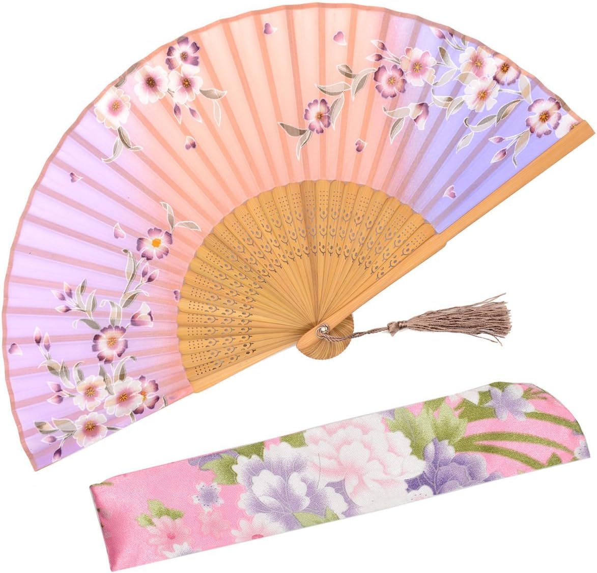 Handmade Silk Folding Fan with Bamboo Frame - Vintage Chinese/Japanese Style for Women & Girls - Gift-Ready with Protective Sleeve (WZS-33)
