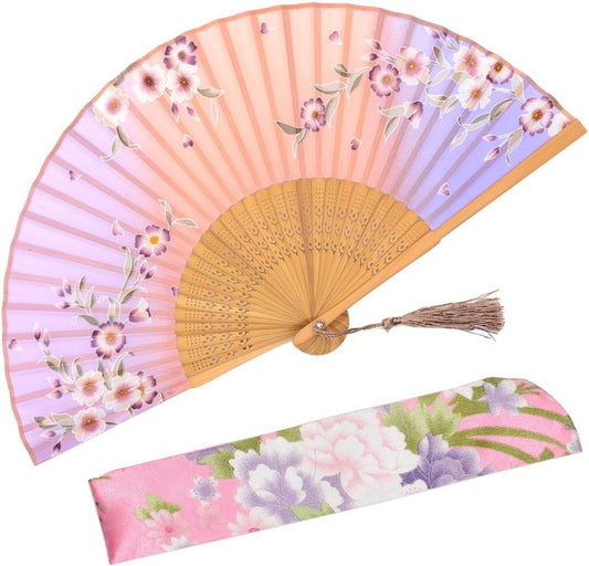 Handmade Silk Folding Fan with Bamboo Frame - Vintage Chinese/Japanese Style for Women & Girls - Gift-Ready with Protective Sleeve (WZS-33)
