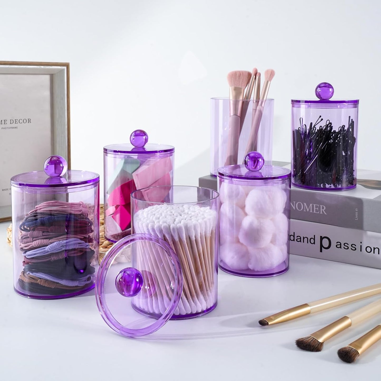 XIPENGKEJI Qtip Holder Set - 2 Pack Apothecary Jars with Lids for Cotton Swabs & Pads | 10oz-12oz Purple
