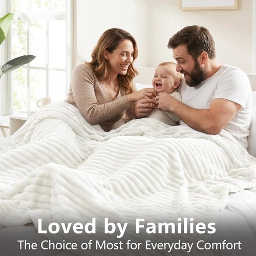 HIMEET Off White Ribbed Queen Size Blanket - 300GSM Lightweight Fleece for Cozy Home Decor | 90x90 Inches