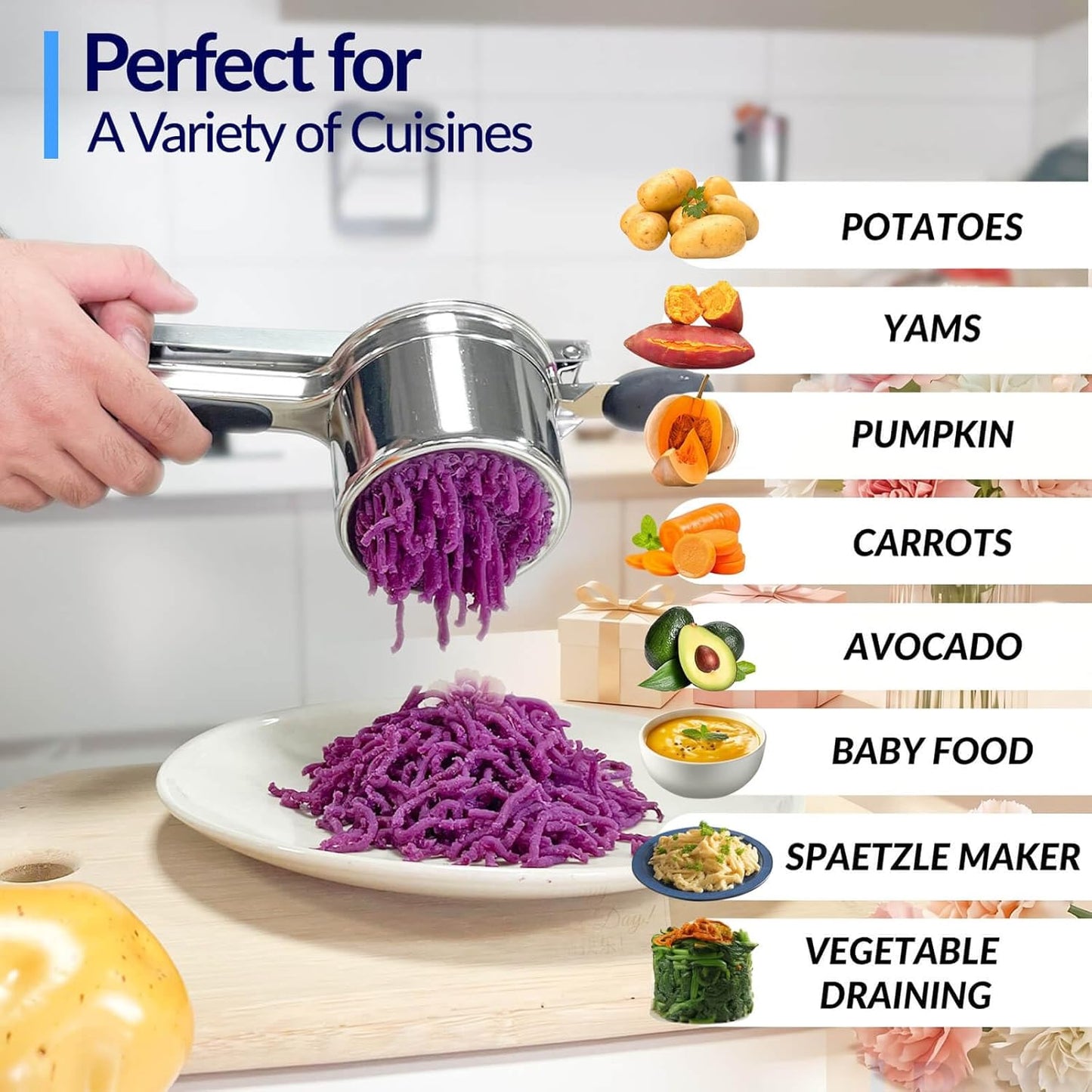 Skiennix Potato Ricer - Heavy Duty Stainless Steel Masher with 3 Interchangeable Discs for Fluffy Mashed Potatoes | Ideal for Gnocchi & Spaetzle