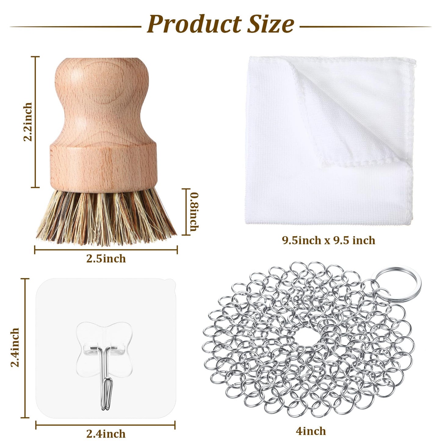 Patelai 7 Pieces Cast Iron Cleaner Set Include Stainless Steel Chainmail Scrubber with Bamboo Dish Scrub Brush Hot Handle Holder 2 Pan Grill Scrapers Kitchen Towel Wall Hook (Classic Color)