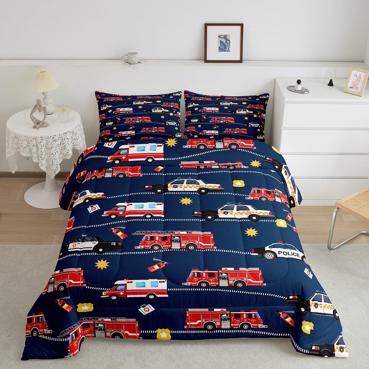 Cartoon Police Car Bedding Set Red Fire Truck Comforter Set for Kids Boys Fire Extinguisher Duvet Set Airplane Comforter 1 Comforter Set with 2 Pillowcases Full Size Boys