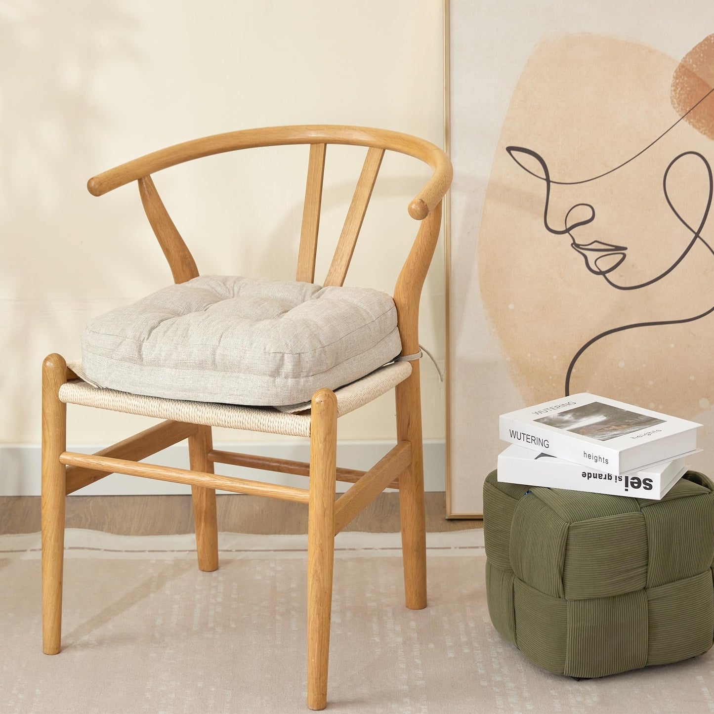 IASEAHK Kitchen Chair Cushions for Dining Chairs, Foam Dining Chair Cushion, Tufted Indoor Chair Pads with Ties & Non Slip Backing, Seat Cushion for Chair 16.5” x 16.5” x 3.5”, Set of 4, Beige