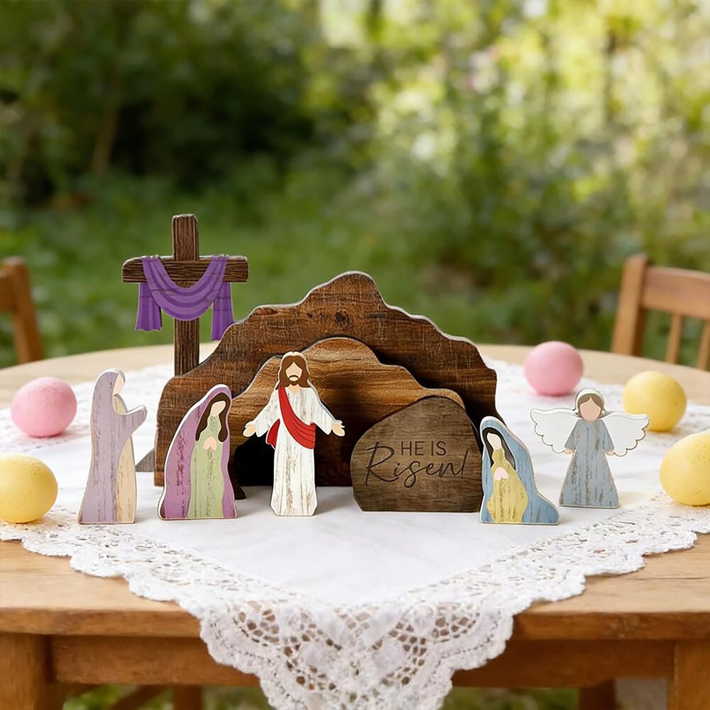 ZOUNYIN Empty Tomb Easter Scene Cross Decoration, Wooden Resurrection Tabletop Decor Set for Religious Home, Office, Shelf & Farmhouse Display