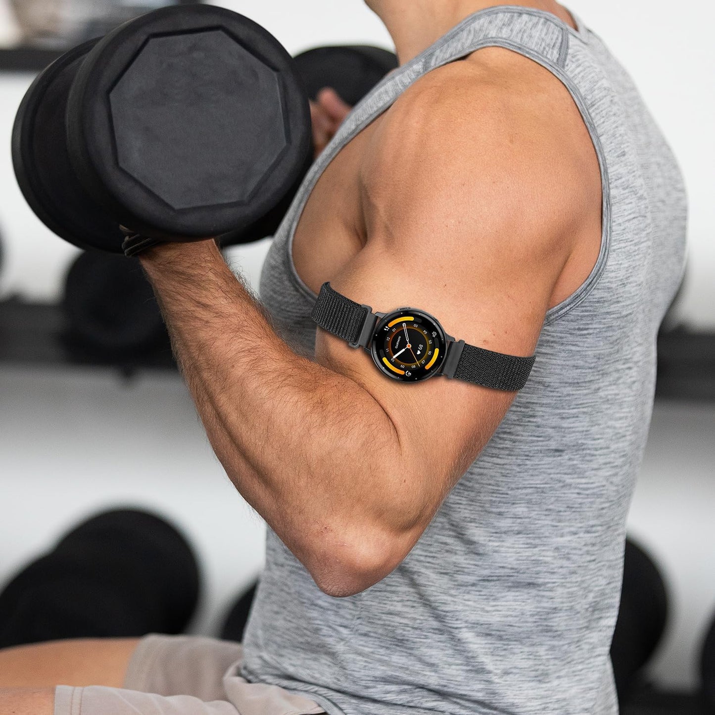 Oanux 22mm Sport Ankle/Arm Band Compatible with Amazfit Helio, Quick Release Breathable Nylon Bicep Strap Replacement for Garmin Venu 3/Venu 4 45mm/Venu 2/Vivoactive 4 & Forerunner 570-47mm/265/255