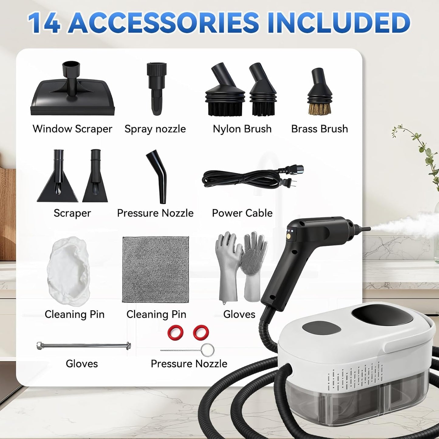 Skiennix Steam Cleaner - 2500W High-Pressure Steamer with 1.4L Tank & 14 Accessories | Fast Heat-Up in 15s