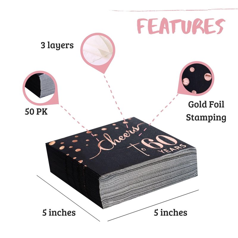 Rose Gold Cheers to 60th Cocktail Napkins Folded 5 x 5 Inches Disposable Party Napkins 3-Ply Paper Beverage Napkins for 60th Birthday Decorations, Wedding Anniversary, Retirement, Black (60 Years)