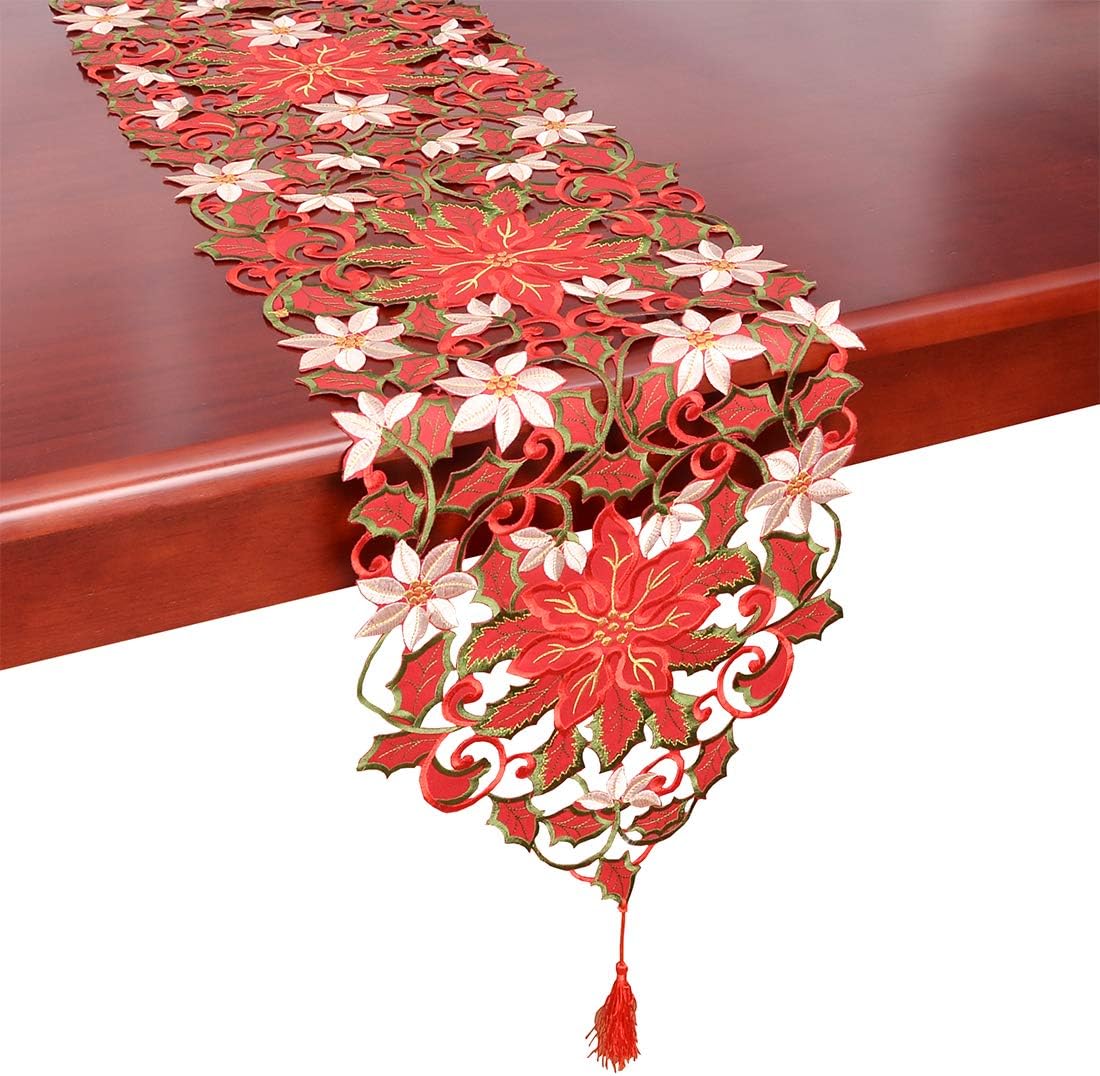 Christmas Poinsettia Table Runner - 13x36 Inch Holiday Dresser Scarf