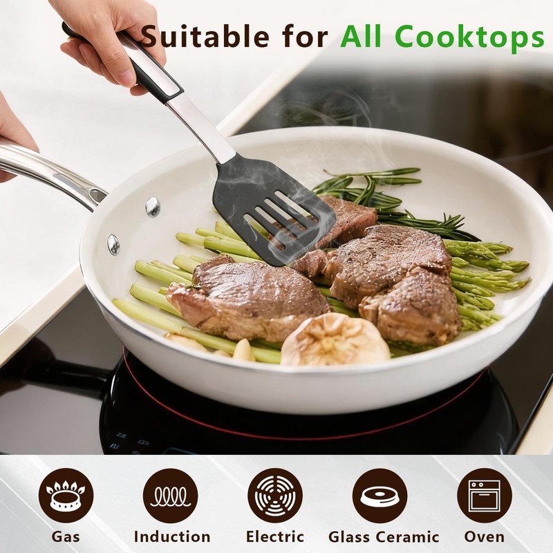 SAKAMOSH 11" Ceramic Frying Pan Nonstick, Skillet, Cooking Pan Non Toxic with Stay Cool Handle for Induction, Chef's Pan, PTFE & PFAS & PFOA Free, Dishwasher/Oven Safe, White