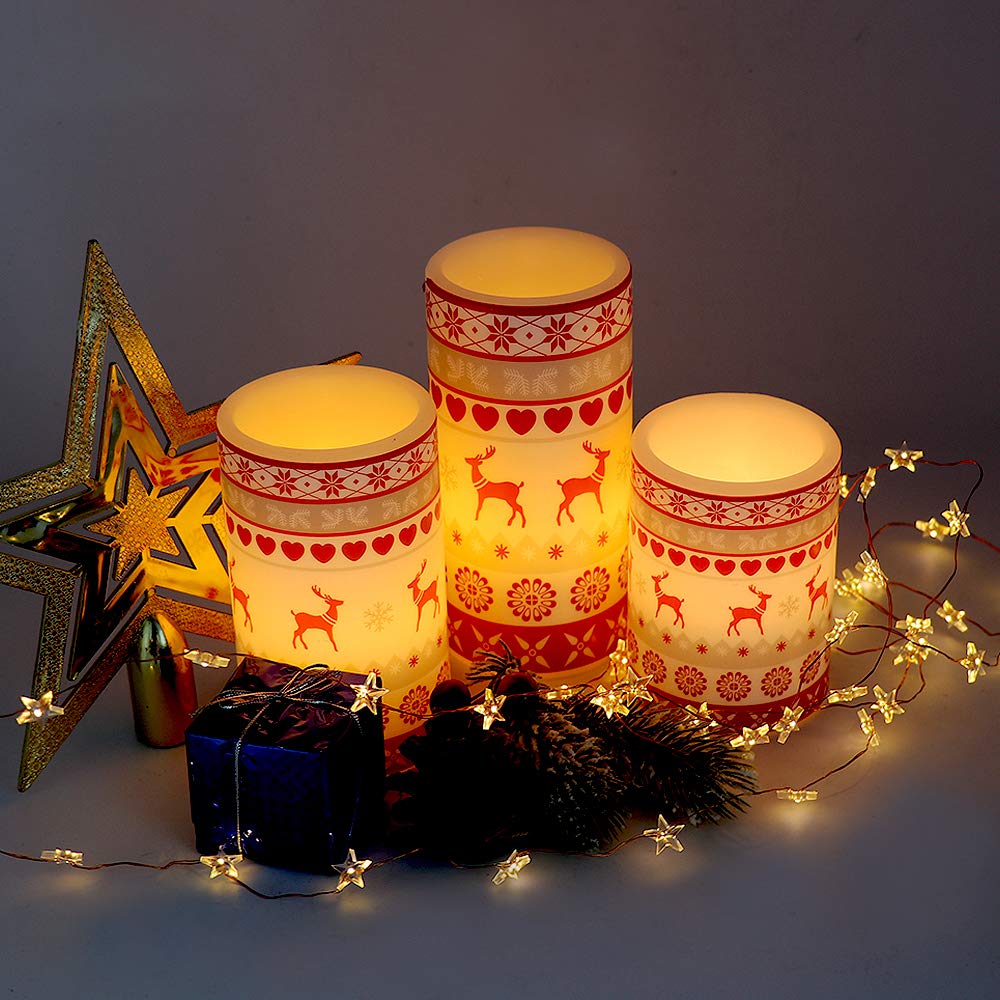 GenSwin Flameless Flickering Led Candles Battery Operated with 6 Hours Timer, Real Wax Pillar Candles Warm Light Love Deer Decal Decor Gift(Pack of 3)