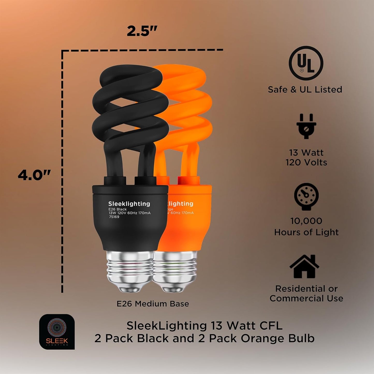 13W Orange Spiral CFL Light Bulb - UL Approved, E26 Medium Base, Pack of 4