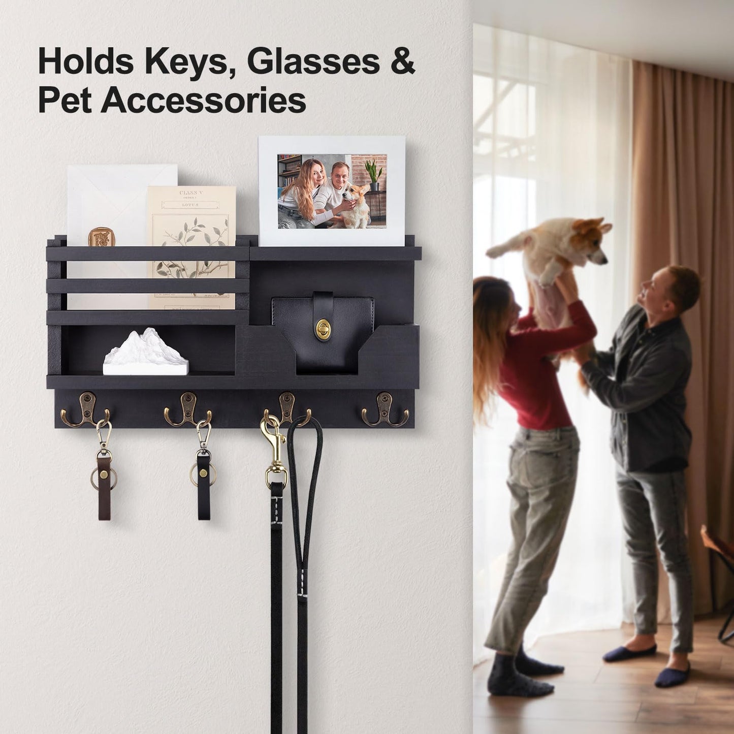 Lwenki Mail and Key Holder for Wall – Decorative 15.9” x 8.7” x 3.2” Entryway Organizer with Shelf – Paulownia Wood with 4 Dual Hooks Includes Mounting Hardware and Installation Guide