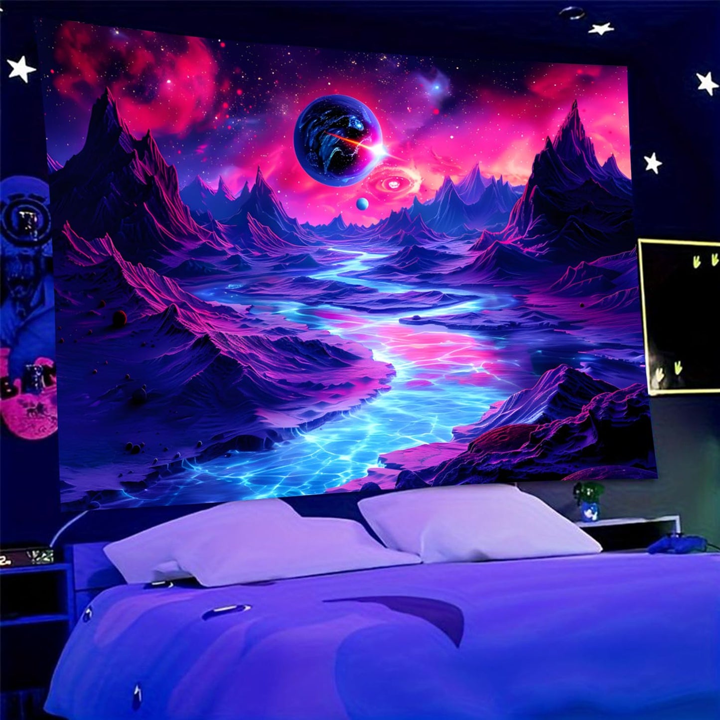 TUGCAY Blacklight Planet and Mountain River Tapestry Galaxy Space Tapestries UV Reactive Fantasy Nature Landscape Tapestry Wall Hanging for Room Home Decor(70.9"x90.6")