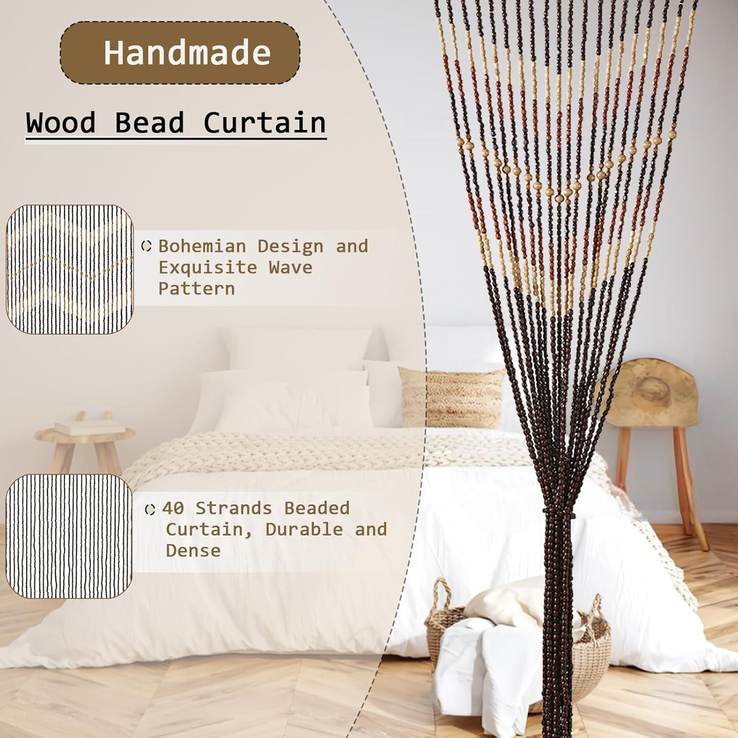35.5" x 75" Bamboo and Wood Beaded Curtain for Doorway 52 Strands Handmade Bohemian Door Beads Curtain Boho Hanging Room Divider for Bedroom Living Home Deco, Beige