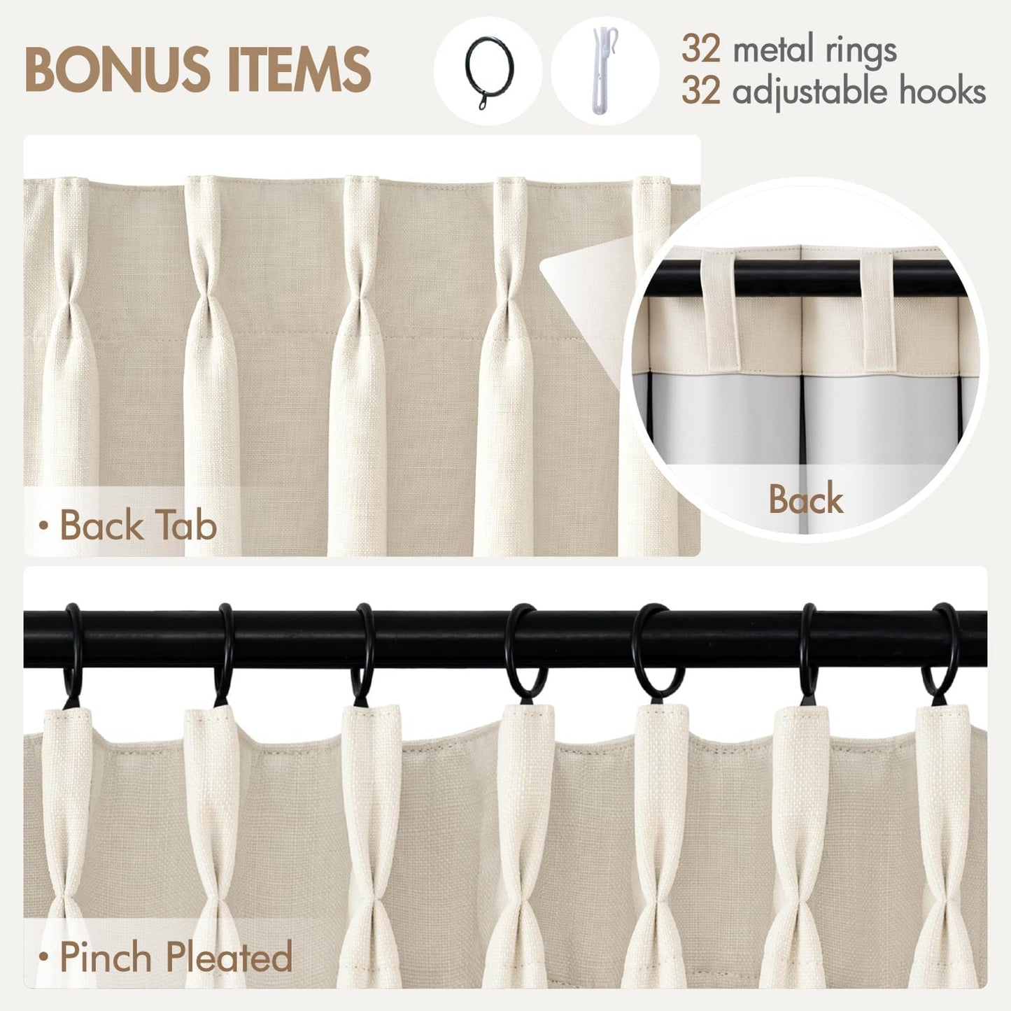 MIULEE 100% Blackout Curtains - Thick Linen, Memory Trained Pleat, 90 Inch Long, Birch | 4 Panel Set for Bedroom & Living Room
