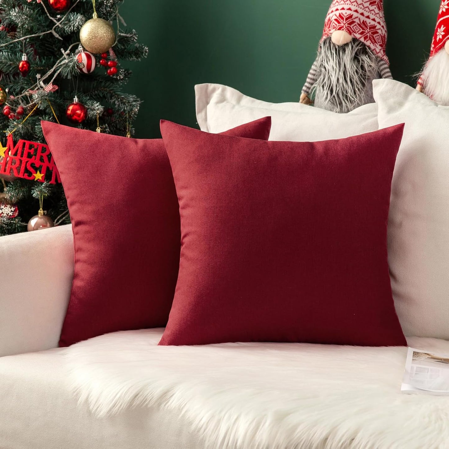 MIULEE Decorative Outdoor Throw Pillow Covers - Waterproof Faux Linen Cushion Cases | 16x16 Inch, Wine Red (Pack of 2)