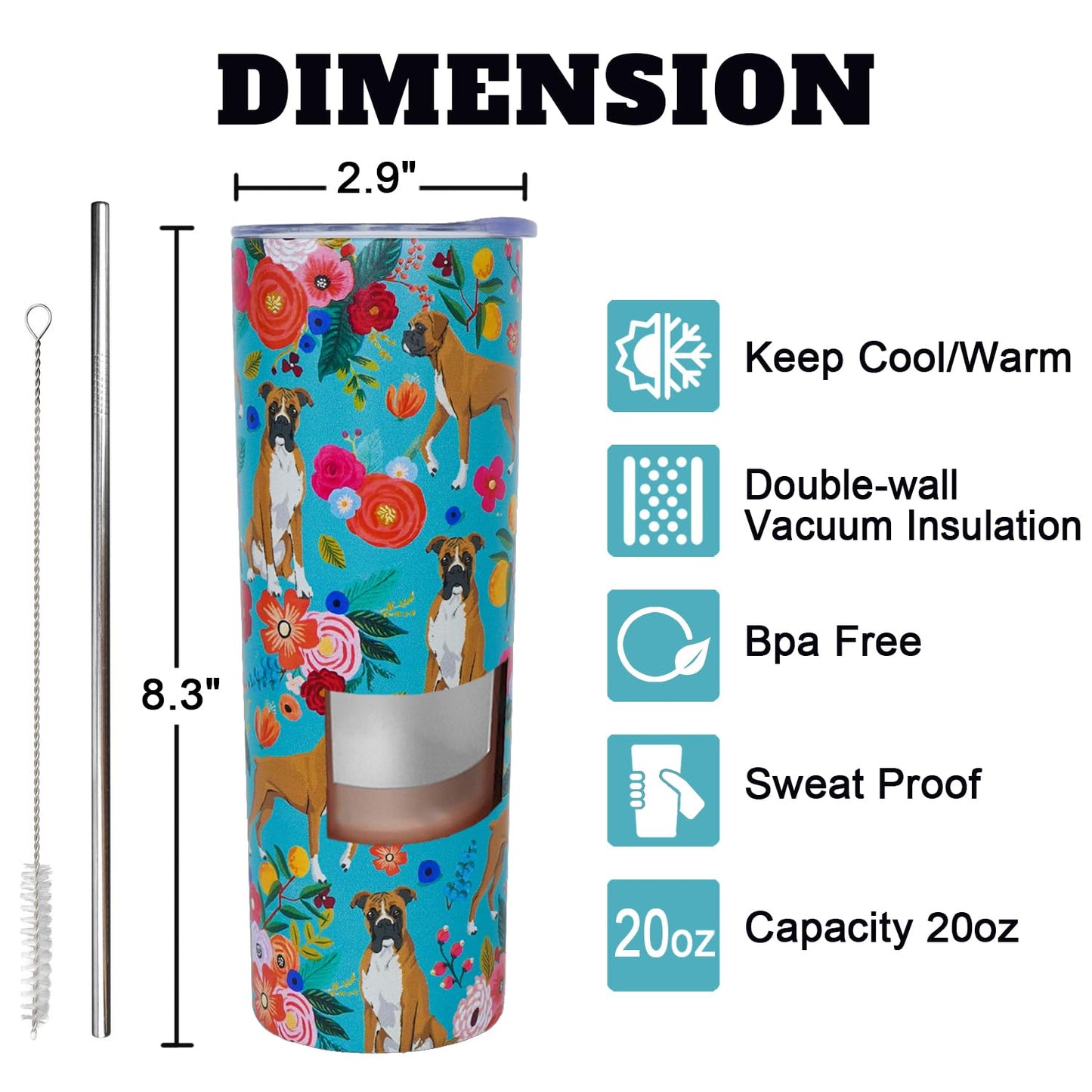 sxmluedn Boxer Dog Gifts for Women Cute Dog Tumbler Coffee Cup for Women Boxer Dog Travel Mug 20 Oz Stainless Steel Insulated Water Bottle With Lid and Straw