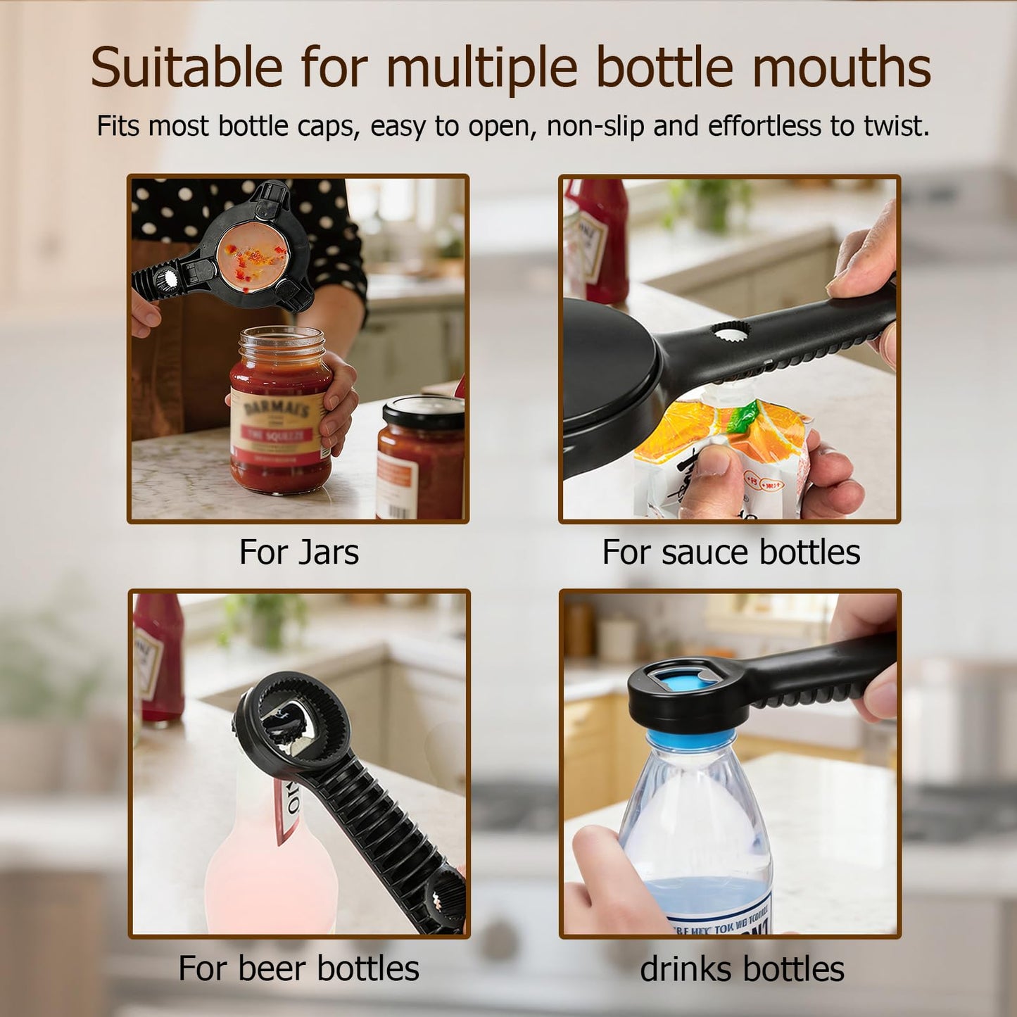 Ruydiwale 4-in-1 Jar Opener, Adjustable Jar Opener for Seniors, Kitchen Tool Designed Specifically for Seniors and Those with Limited Physical Strength, Suitable For Beer, Salad Dressing, Jar (Black)